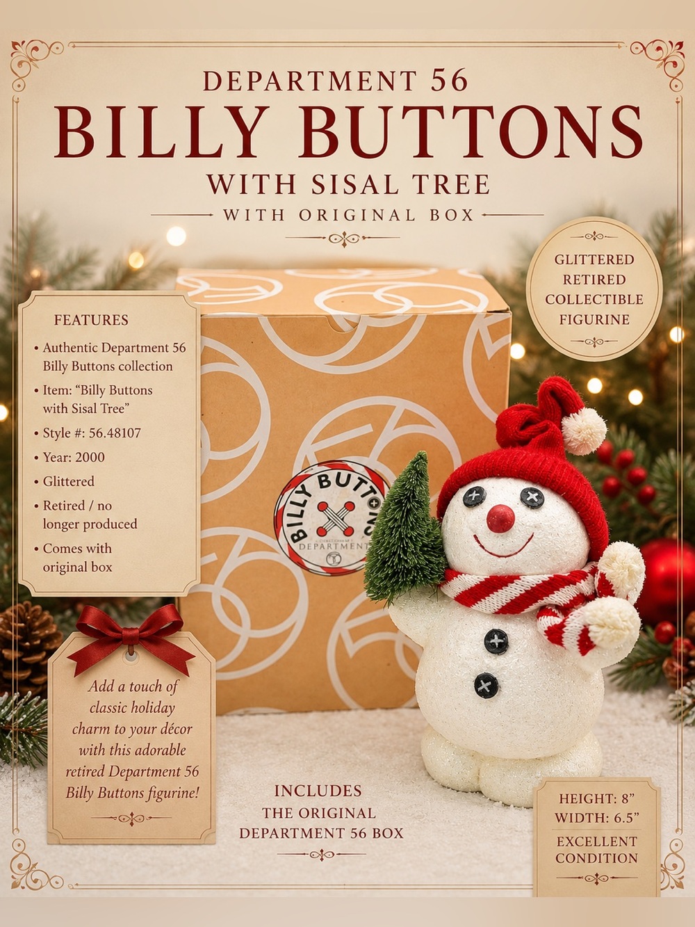 Department 56 Billy Buttons With Sisal Tree Retired Snowman w/ Box